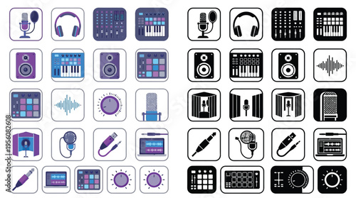 A collection of music production and audio equipment icons, presented in two distinct color schemes: purple and blue, and black and white.