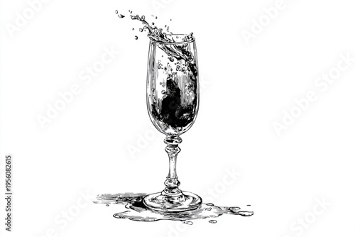 Black and White Vintage Engraving of Cocktail Glass with Liquid Splash Vector