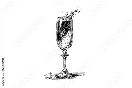 Black and White Vintage Engraving of Cocktail Glass with Liquid Splash Vector