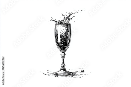 Black and White Vintage Engraving of Cocktail Glass with Liquid Splash Vector