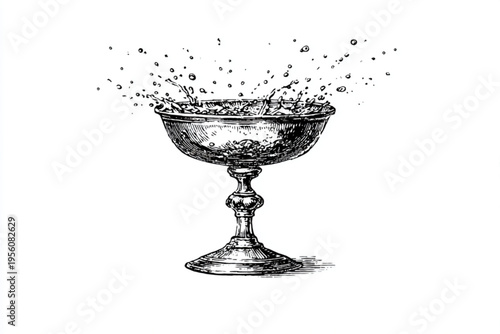 Black and White Vintage Engraving of Cocktail Glass with Liquid Splash Vector