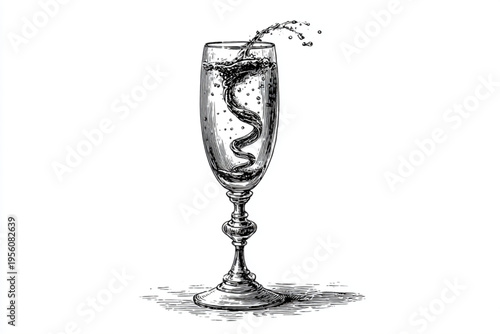 Black and White Vintage Engraving of Cocktail Glass with Liquid Splash Vector