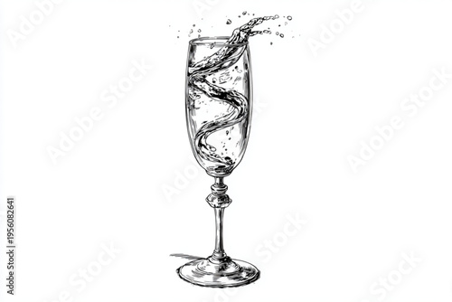 Black and White Vintage Engraving of Cocktail Glass with Liquid Splash Vector