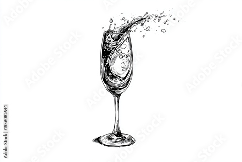 Black and White Vintage Engraving of Cocktail Glass with Liquid Splash Vector