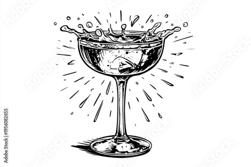 Black and White Vintage Engraving of Cocktail Glass with Liquid Splash Vector