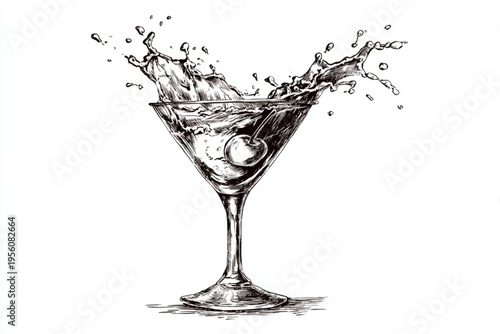 Black and White Vintage Engraving of Cocktail Glass with Liquid Splash Vector