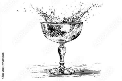 Black and White Vintage Engraving of Cocktail Glass with Liquid Splash Vector