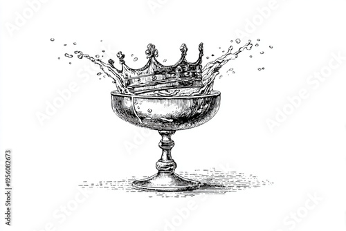 Black and White Vintage Engraving of Cocktail Glass with Liquid Splash Vector