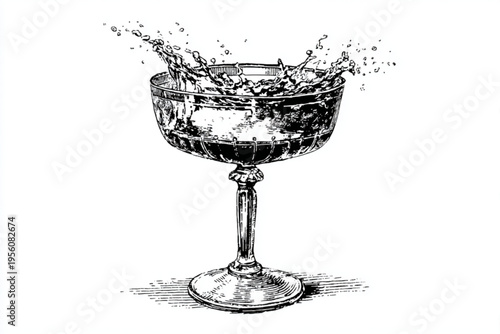 Black and White Vintage Engraving of Cocktail Glass with Liquid Splash Vector