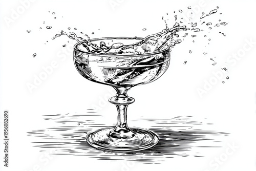 Black and White Vintage Engraving of Cocktail Glass with Liquid Splash Vector