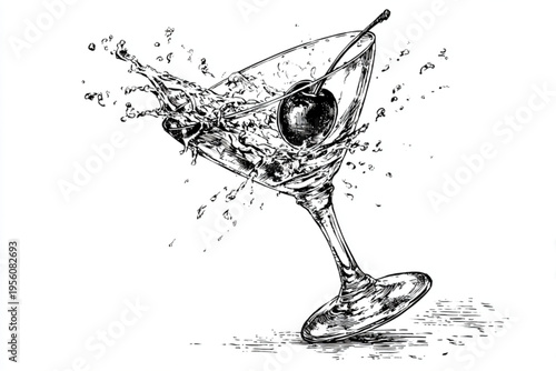 Black and White Vintage Engraving of Cocktail Glass with Liquid Splash Vector