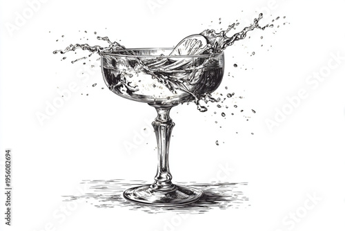 Black and White Vintage Engraving of Cocktail Glass with Liquid Splash Vector