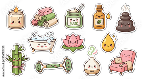 Collection of cute kawaii-style icons, featuring a candle, rolled towels, face mask, essential oil bottle, hot stones, bathtub, lotus flower, bamboo, jade roller, diffuser, and armchair.