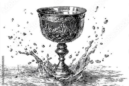 Black and White Vintage Engraving of Cocktail Glass with Liquid Splash Vector