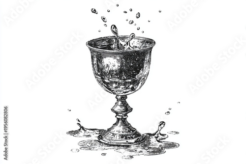 Black and White Vintage Engraving of Cocktail Glass with Liquid Splash Vector