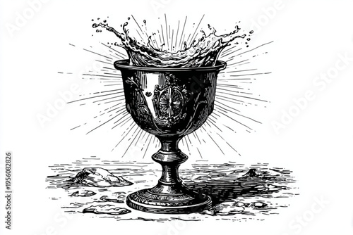 Black and White Vintage Engraving of Cocktail Glass with Liquid Splash Vector