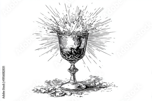 Black and White Vintage Engraving of Cocktail Glass with Liquid Splash Vector