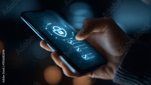 Hand holding smartphone with digital security interface in dark setting
