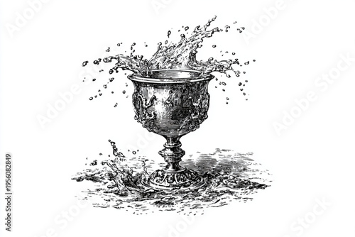 Black and White Vintage Engraving of Cocktail Glass with Liquid Splash Vector
