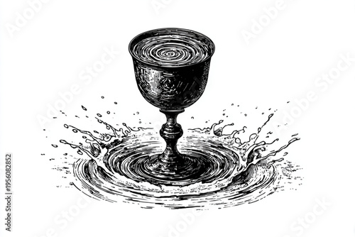 Black and White Vintage Engraving of Cocktail Glass with Liquid Splash Vector