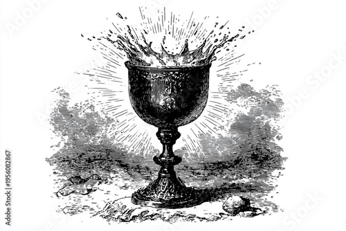 Black and White Vintage Engraving of Cocktail Glass with Liquid Splash Vector