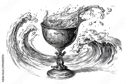 Black and White Vintage Engraving of Cocktail Glass with Liquid Splash Vector