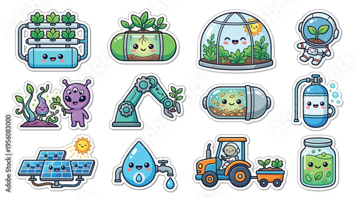 Collection of cute kawaii-style illustrations depicting various aspects of modern agriculture, including hydroponics, greenhouses, space farming, and sustainable practices.