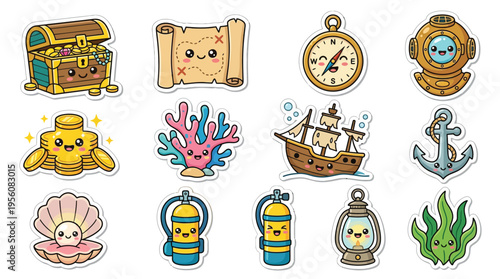 A charming collection of cute, kawaii-style underwater adventure and treasure hunting elements, perfect for stickers or illustrations.