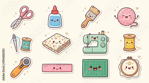 A charming collection of kawaii-style crafting and sewing supplies, featuring adorable anthropomorphic tools and materials.