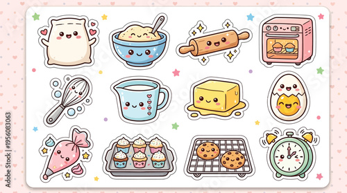 A delightful collection of kawaii baking-themed illustrations featuring cute anthropomorphic ingredients and tools, perfect for culinary enthusiasts and sticker lovers.