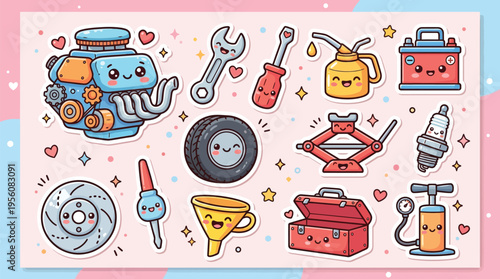 A charming collection of kawaii-style automotive repair tools and parts, featuring cute faces and pastel colors, perfect for crafting and design.