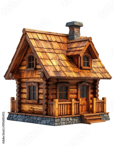 A cozy wooden cabin with a chimney and stone foundation