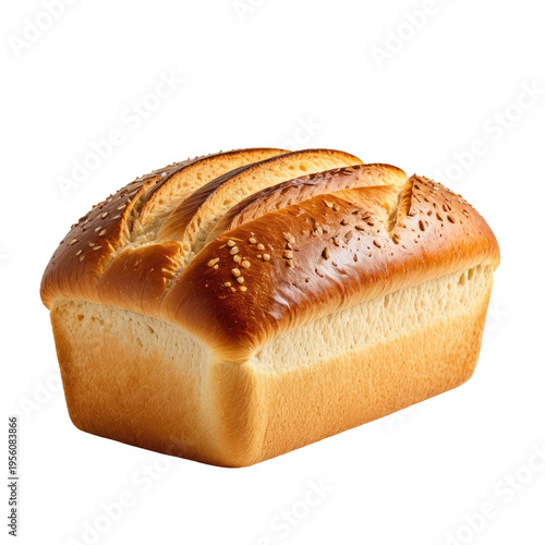 A golden-brown loaf of bread, sliced and topped with seeds, isolated
