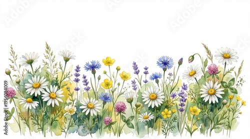 Watercolor Wildflower Border Illustration with Daisies, Cornflowers, and Lavender on White Background