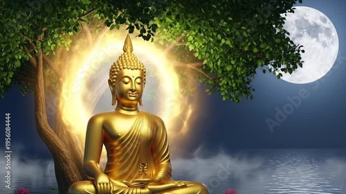 Buddha purnima tranquility: golden buddha meditation by moonlit lake