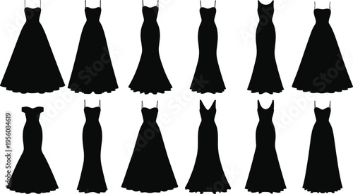 Elegant evening dress silhouette collection set, long gown fashion styles for women, formal clothing vector illustration pack