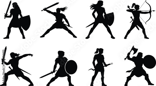 Female warrior silhouette poses set, fantasy fighter with sword shield axe and bow, medieval vector illustration pack