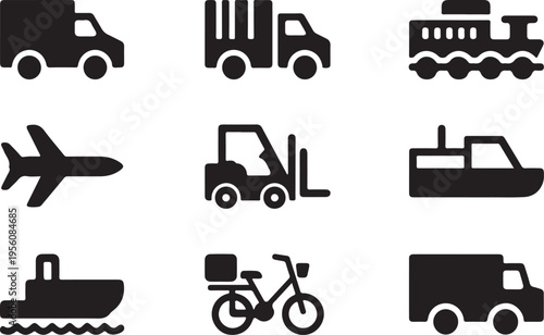 A collection of black silhouette icons representing various modes of transportation and logistics