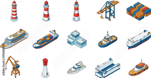 Isometric port and shipping elements set, cargo ships cranes lighthouse and containers, maritime transport vector illustration pack
