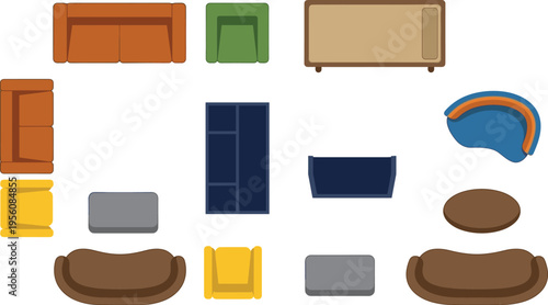 Living room furniture top view set, sofas armchairs tables and carpets layout, interior design vector illustration pack