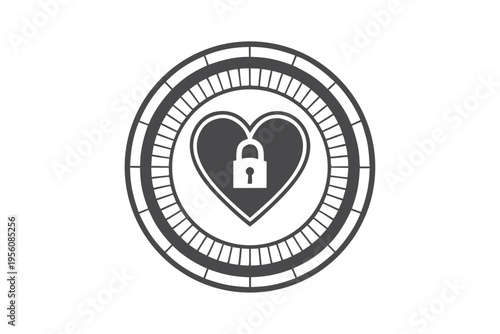 Monochrome vector art of a heart within a circle, secured by a padlock, symbolizing safety, trust, and data protection.