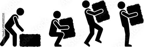 Stick Figure Lifting Heavy Hay Bale Sequence for Farm Work Ergonomics