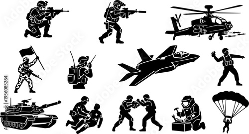 Military Soldier and Vehicle Silhouette Icons for Combat and Defense