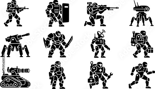 Futuristic Soldier and Combat Robot Silhouette Icons Set on White
