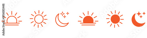 Minimalist sun and crescent moon weather icons set in line and solid black styles