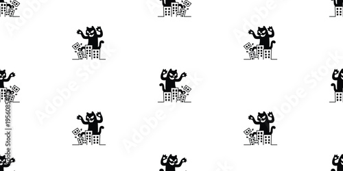 cat seamless pattern monster black giant kitten calico destroyer pet cartoon vector tile background gift wrapping paper repeat wallpaper doodle illustration isolated design