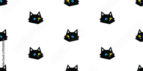 cat seamless pattern black kitten face head blue yellow eye calico pet cartoon silhouette vector tile background gift wrapping paper repeat wallpaper doodle illustration isolated design