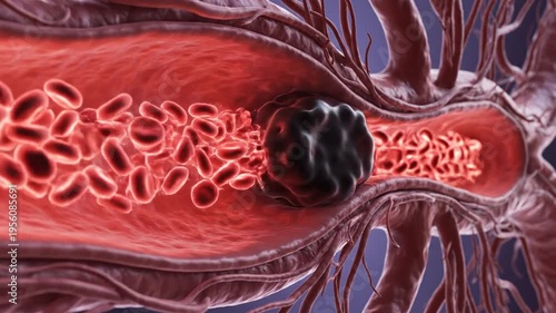 Blood clot obstructing a vein, causing a blockage and restricting blood flow, a medical illustration of thrombosis.