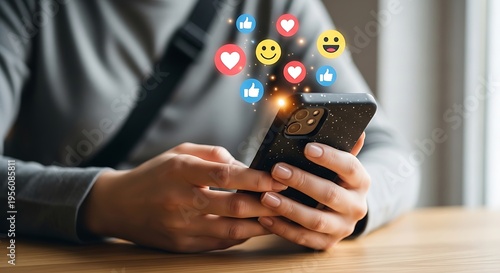 Professional using smartphone with social media reaction icons floating above it.