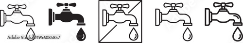 Variations of faucet icons with different styles and states